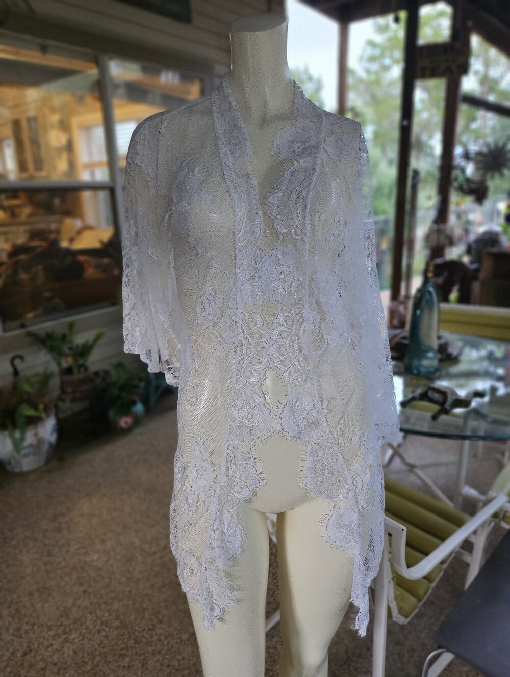 Cute White Nylon Lace Open Front Long Sleeve Cardigan Shrug S/M